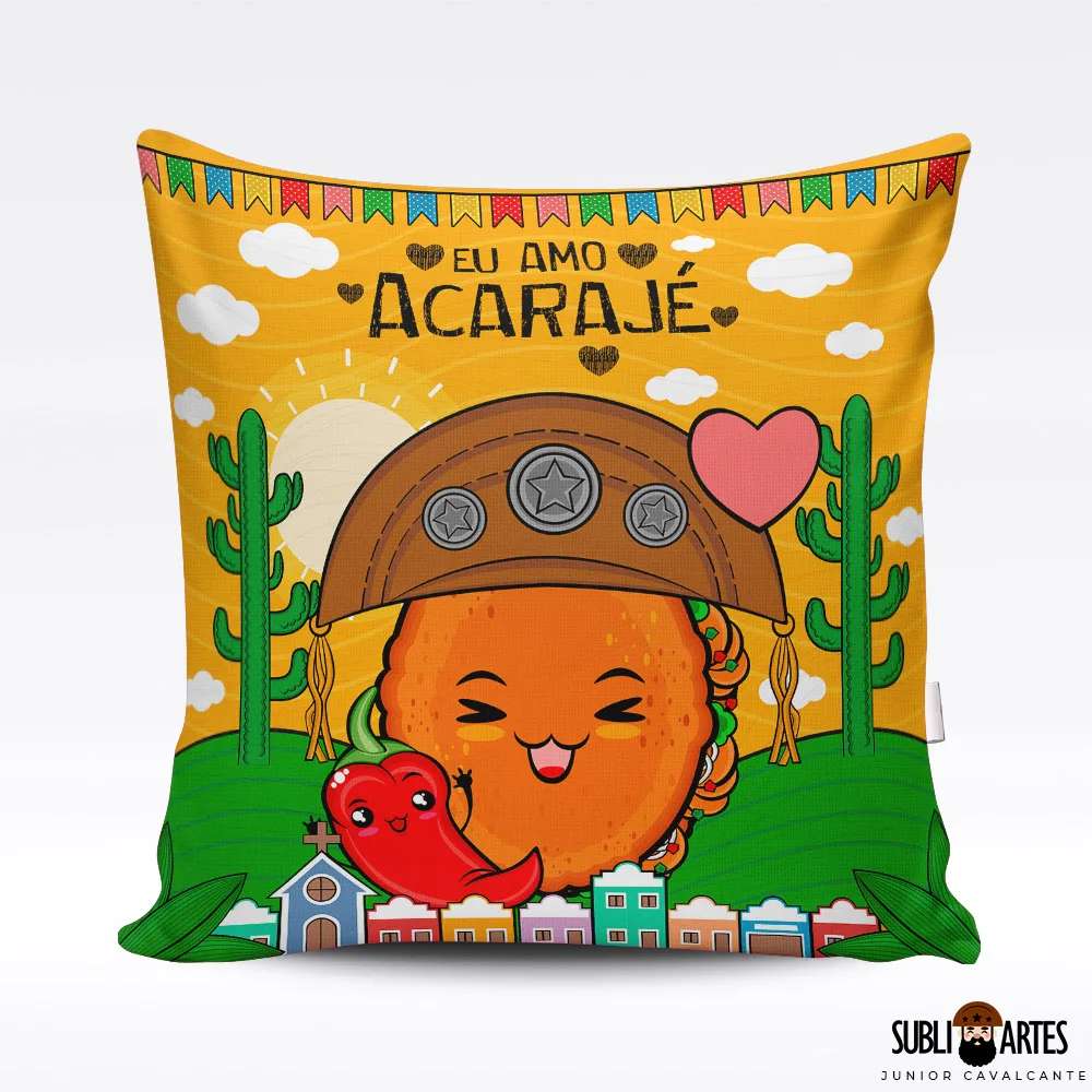 Arte para Sublimação em Almofada Tema Nordeste 101 Eu Amo Acarajé
